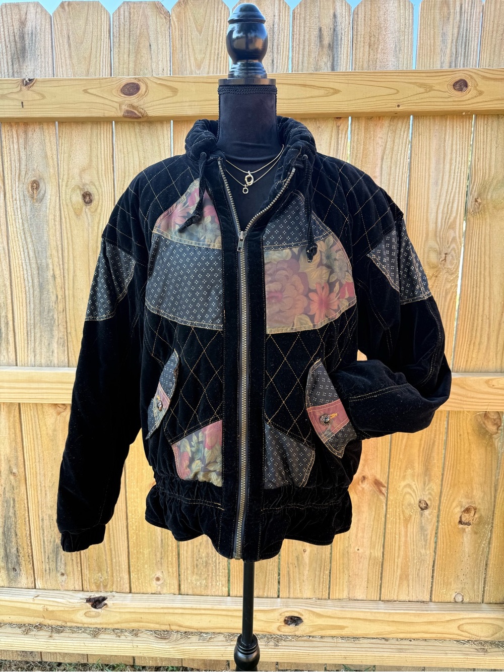 Black Quilted Velvet Bomber Jacket with Floral Patchwork